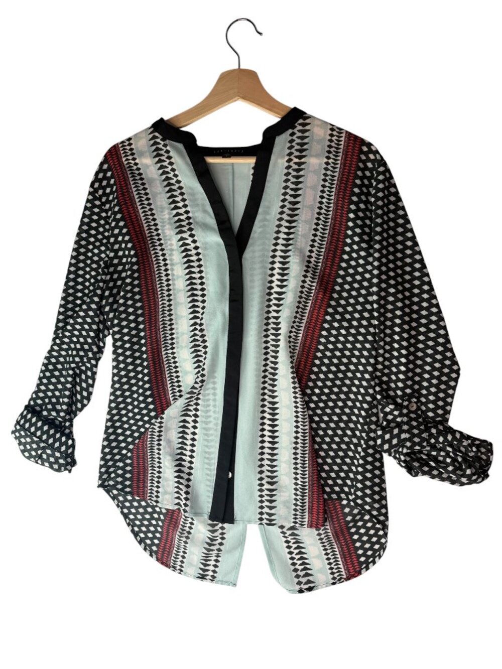 Women's SANCTUARY Blouse, Business Casual, Modern Geometric, Size L, Long Sleeve